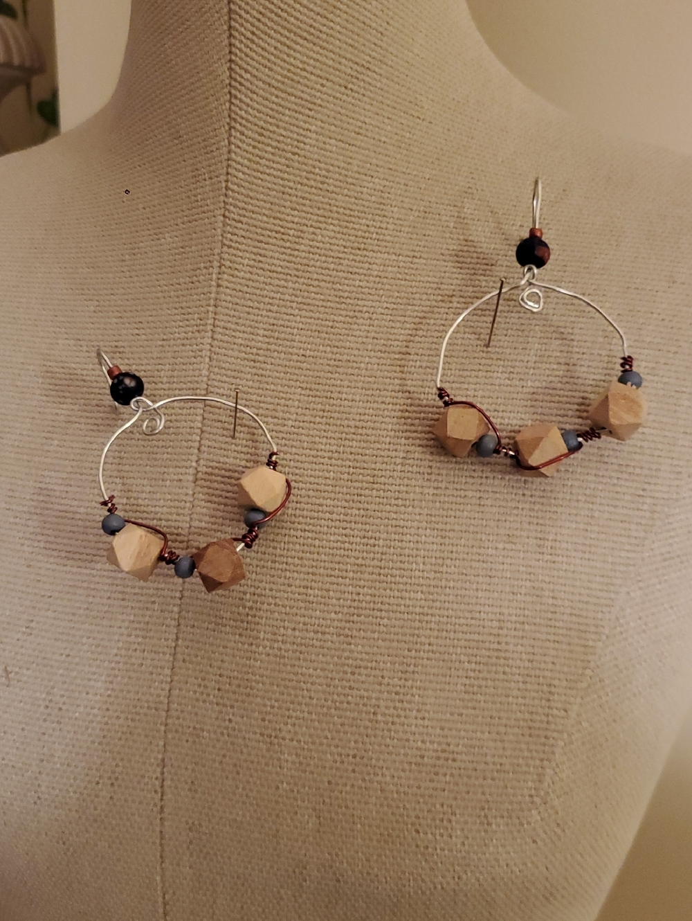 Handcrafted Wooden Bead Hoop Earrings in Natural and Gray